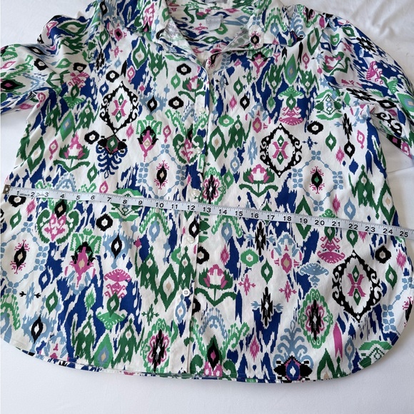 Chico's White Ikat Print Button-Up Shirt with Green, Blue and Pink Accents - Picture 10 of 11